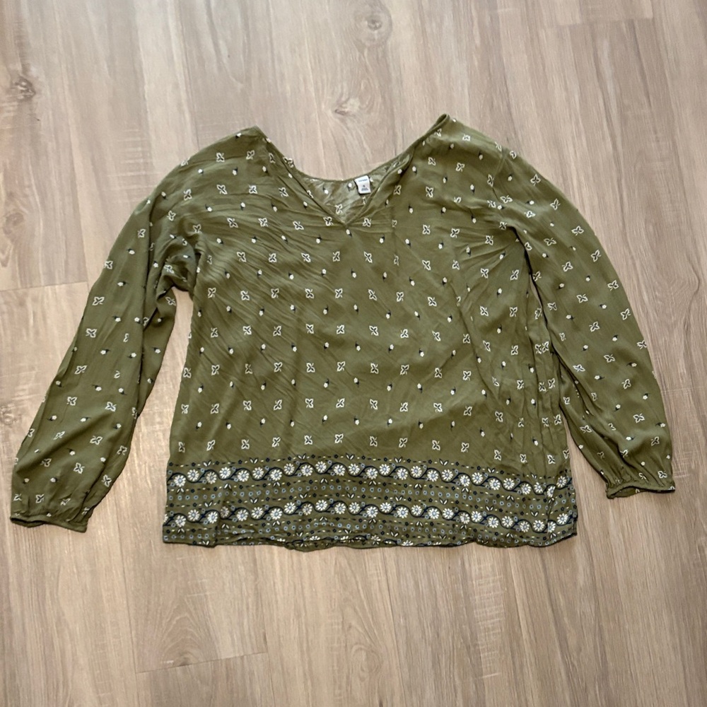Old Navy Olive Green Long-Sleeve Printed Blouse
